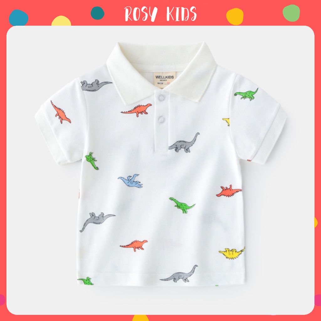 Áo Polo cho bé in hình khủng long chất liệu cá xấu từ 10-25kg - ROSY KIDS