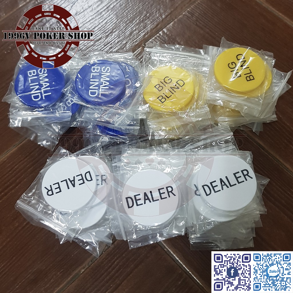 Combo 4 nút nhựa Dealer Poker button trắng, Small Blind xanh biển, Big Blind vàng, All in đỏ - 1996V Poker Shop