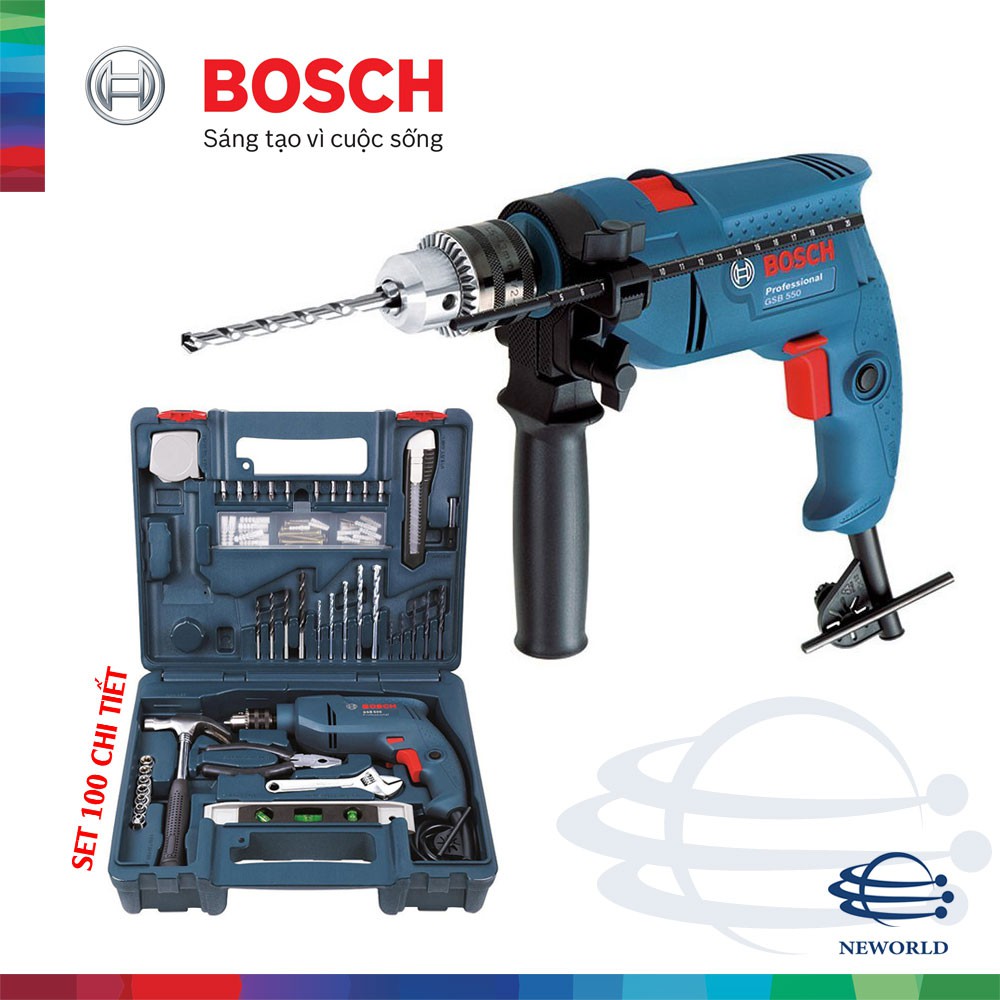 Máy khoan động lực Bosch GSB 550 SET (Bộ phụ kiện 100 món)