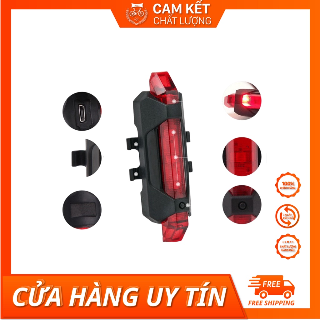 Đèn báo hiệu gắn đuôi xe đạp 5 bóng Led kèm sạc và dây chun chống thấm nước chất lượng cao.