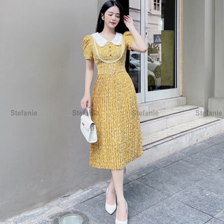 Đầm xòe, váy xếp li hoa nhí, chất line hàn mềm mịn, Steshop