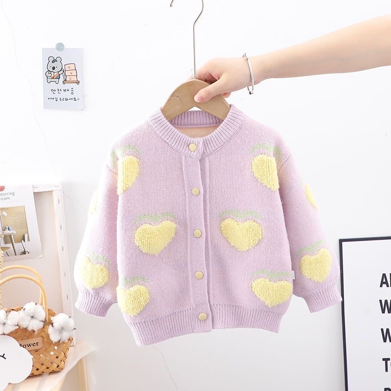 Áo khoác len cardigan bé gái, chất len dày dặn đanh chắc,mịn ấm, họa tiết quả đào dễ thương