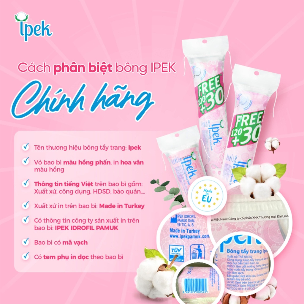 Bông Tẩy Trang Ipek Chính Hãng Loại 150 Miếng - Mềm Mại, An Toàn Cho Da - Lee Bangkok