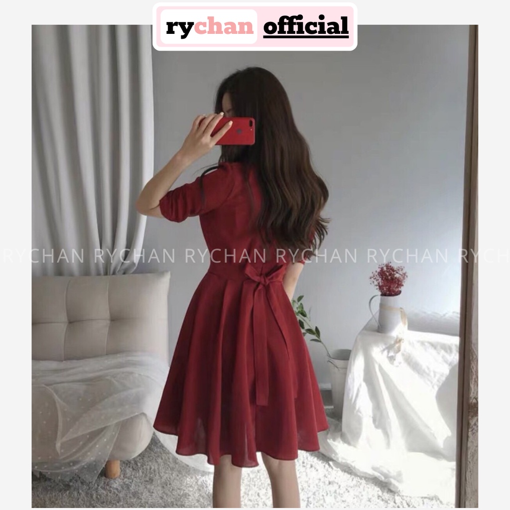 DX194 - Đầm Xòe Màu Đỏ Đắp Chéo Tay Ngắn [ẢNH THẬT CUỐI]