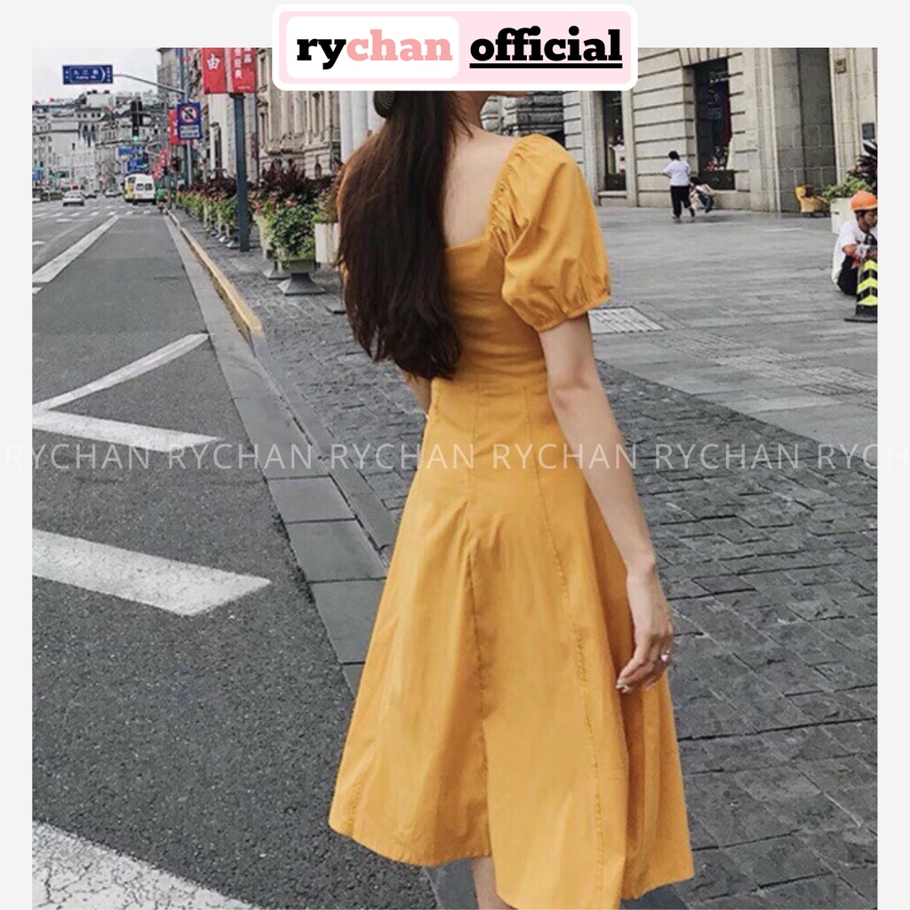 DX685 - Đầm Xòe Vàng Cổ Vuông Nút Đen