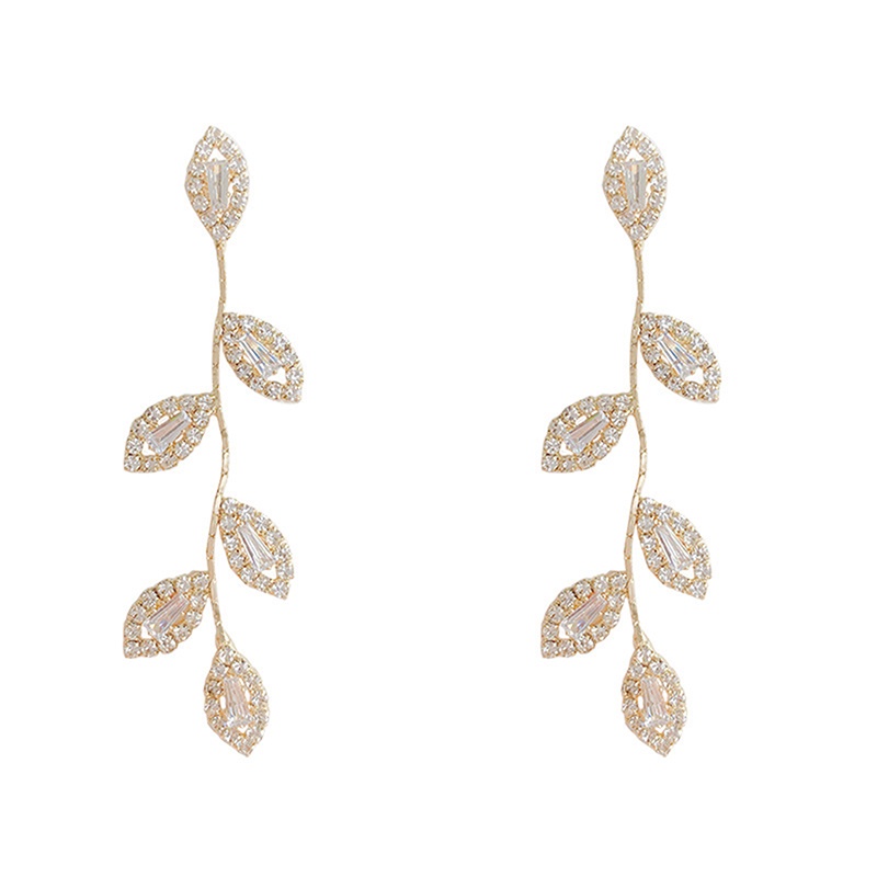 Bông Tai Dáng Dài Hình Chiếc Lá Đính Đá Zircon Sang Trọng Cho Nữ