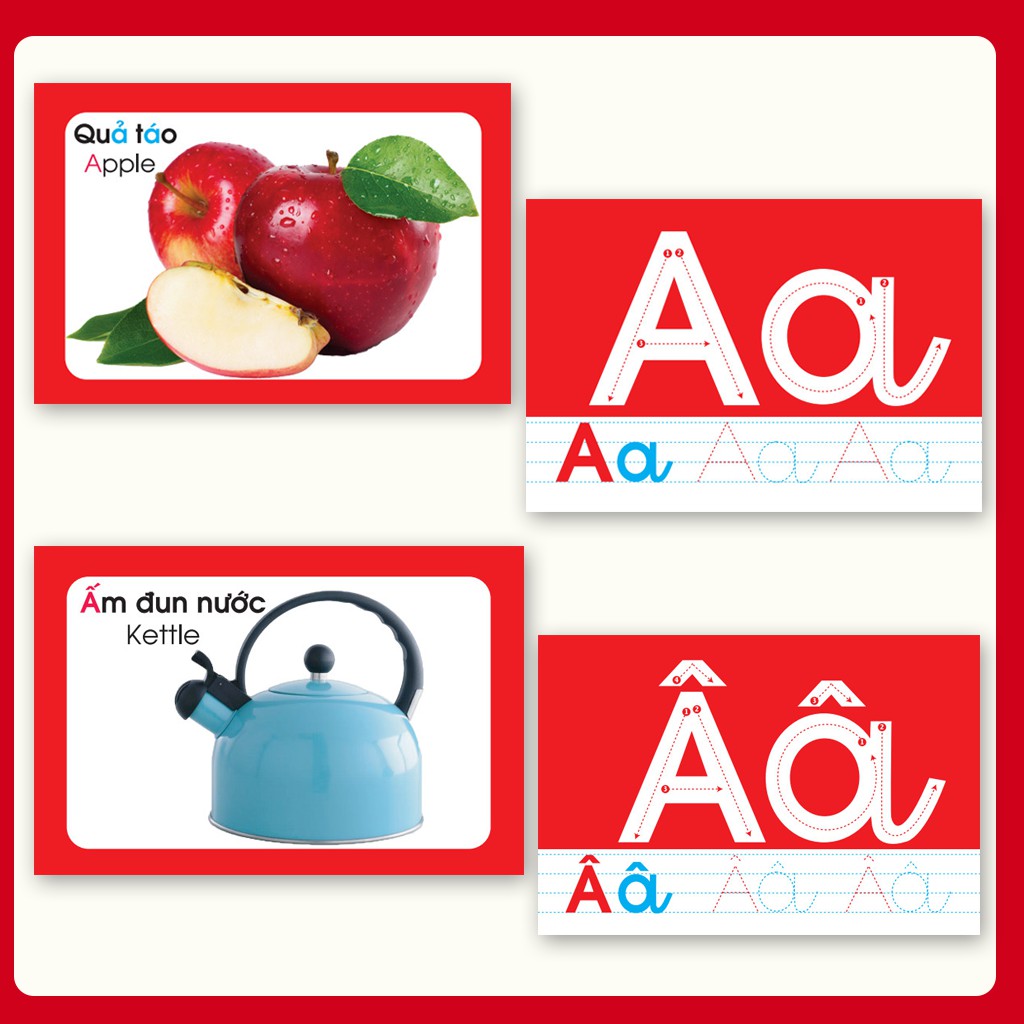 Sách - Thẻ Flash Card - Bé nhận biết ABC,123 - Thẻ in 2 Mặt, Kích Thước 10 x 15 cm - 44 Thẻ