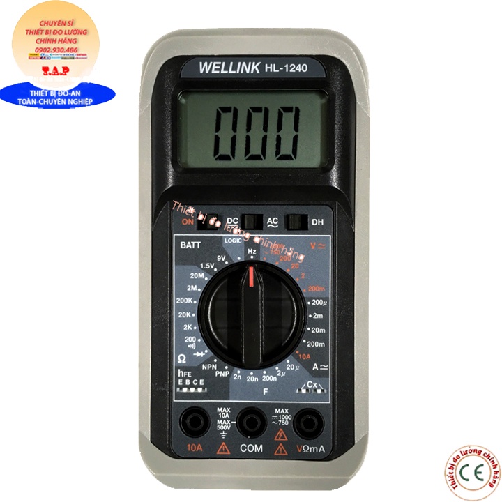Wellink HL-1240 đồng hồ vạn năng hiện số đo điện áp, dòng điện AC/DC,20MOmh, tần số, tụ điện, thông mạch, diot, hFE