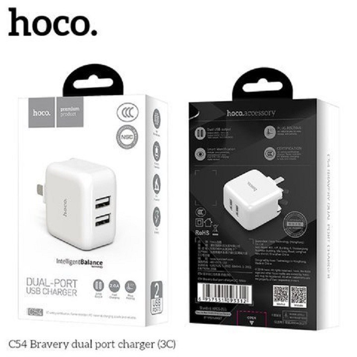 Củ sạc 2 cổng USB 2A Hoco C54 tích hợp sạc nhanh Fast charging, chân gập thu gọn 90 độ