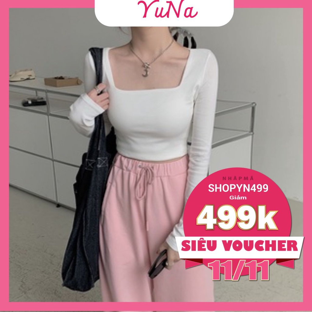 Áo croptop tay dài MAIKA dáng ôm cổ vuông , co dãn 4 chiều phong cách Hàn Quốc, phụ kiện thời trang Yuna