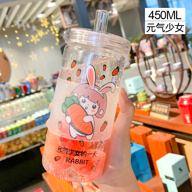 Cốc nước bằng thủy tinh 450ml có nắp đậy và ống hút xinh xắn cho học sinh