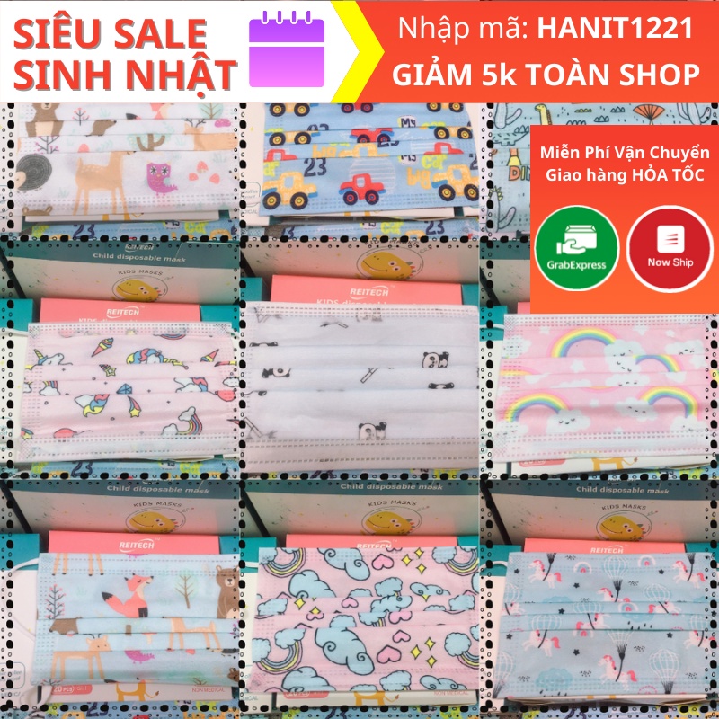 ❤️FREE SHIP❤️ Khẩu Trang Cho Bé 4-12 Tuổi [Hỏa Tốc 30p] - Hình In Ngộ Nghĩnh - Nhiều Màu Sắc - Hộp 50 cái