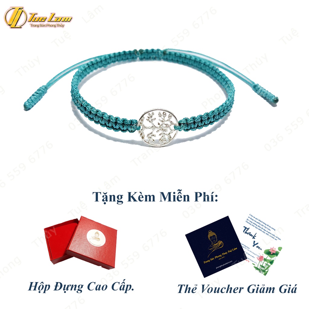 Vòng tay chỉ may mắn màu xanh bện handmade charm bạc hình cây bình an - Tuệ Lâm