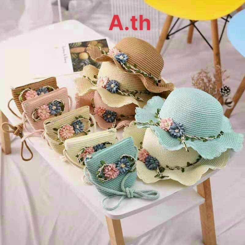 PVN27783 Mũ cói rộng vành kèm túi cho bé gái