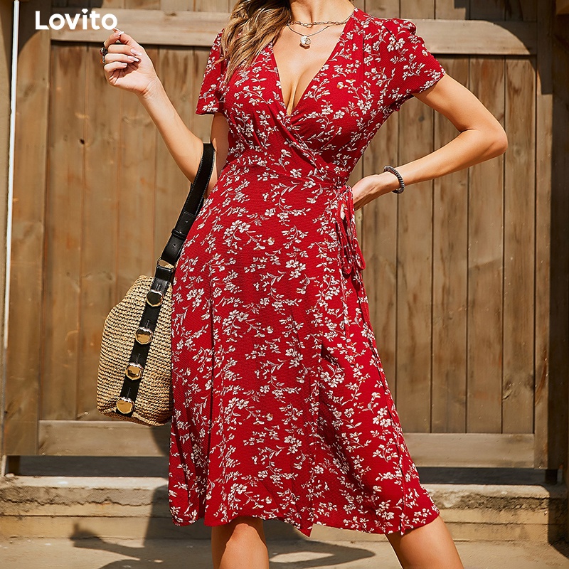 [ Mã 11FASHIONSALE1 giảm 10K đơn 50K ] Đầm Lovito giáng sinh Boho vải hoa cổ V tay loe màu đỏ kiểu chữ A L01146 (màu đỏ)