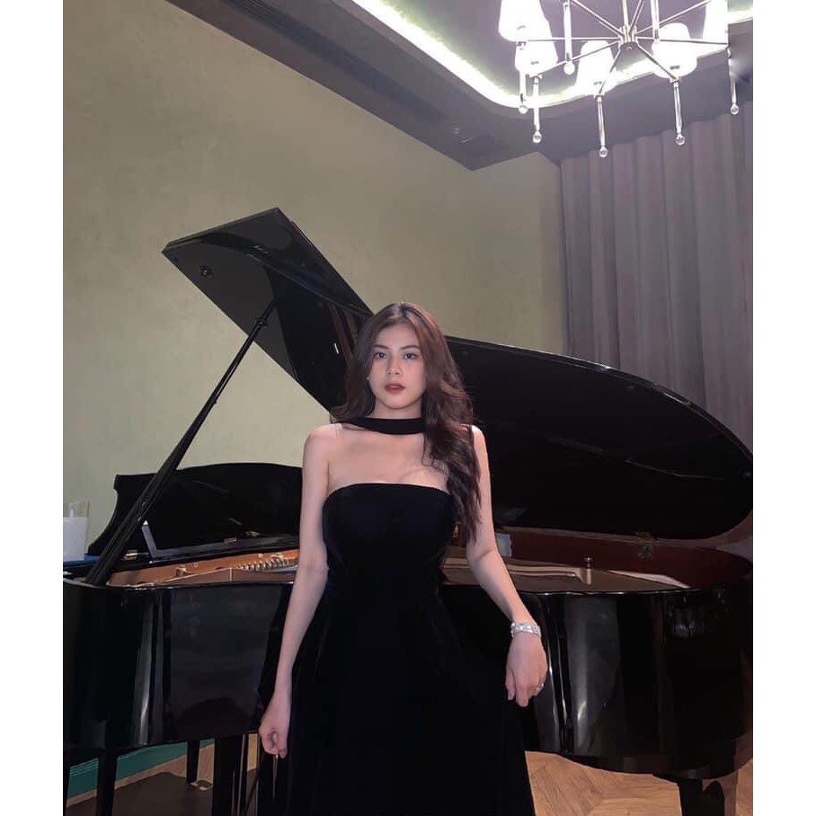 Đầm dự tiệc dáng xòe dây cổ nơ lưng màu đen vải nhung Belamy Dress