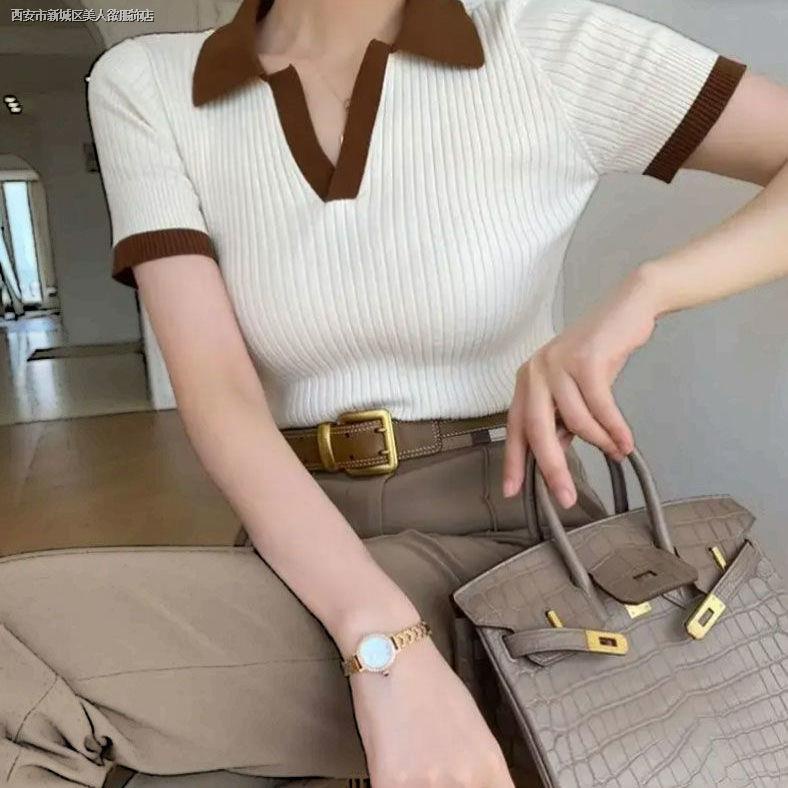Áo Thun polo Tay Ngắn Cổ Chữ V Màu Sắc Tương Phản Thời Trang Mùa Hè Dành Cho Nữ