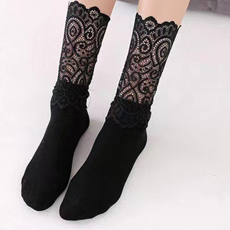 XIXI 1 đôi vớ lưới ngắn bằng cotton co giãn màu đen họa tiết hoa quyến rũ cho nữ