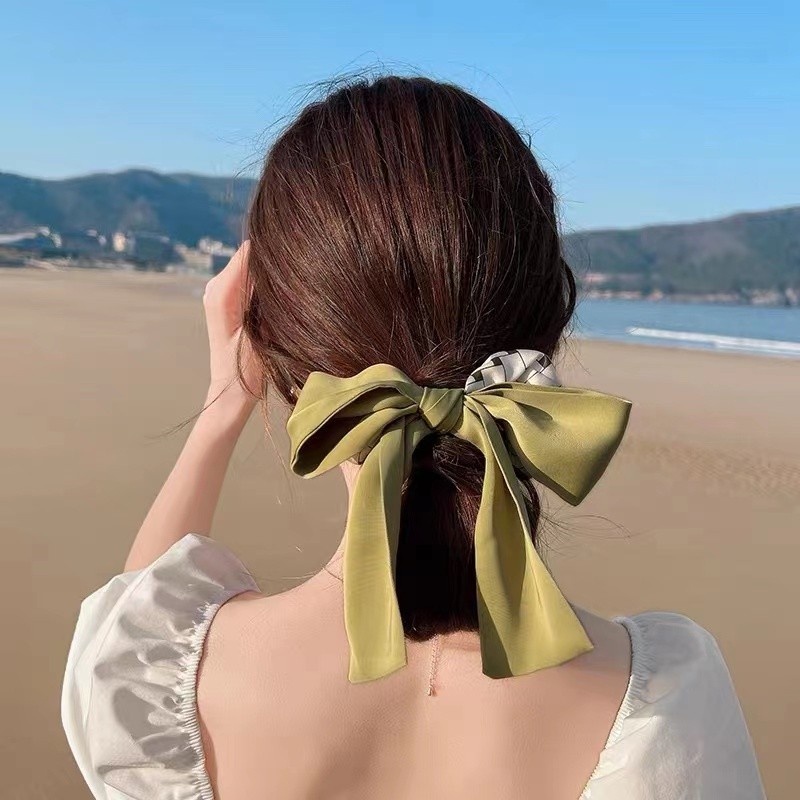 Dây Buộc Tóc Nơ Satin Đính Ngọc Trai Màu Xanh Bơ Phong Cách Hàn Quốc Mới Cho Nữ