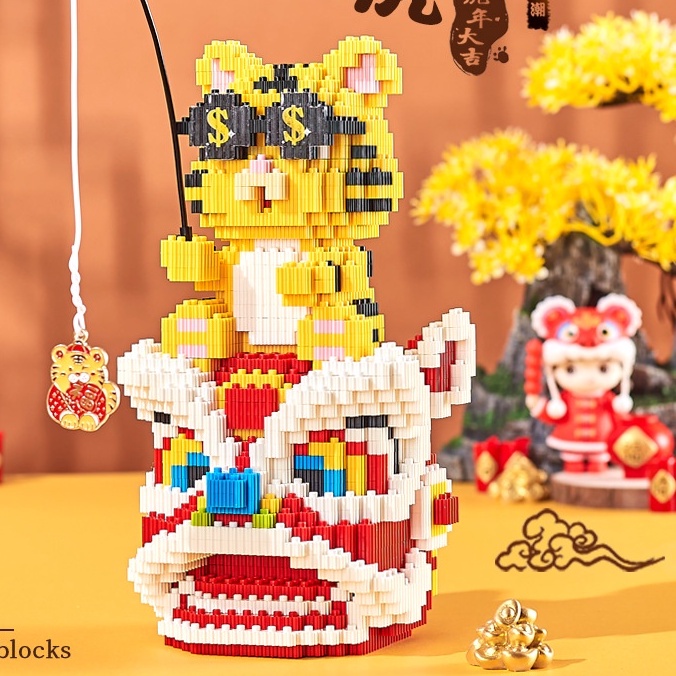 Lắp ráp mô hình le go mèo thần tài, HỔ CON múa Kỳ Lân, Kỳ Lân vui tết trung thu cho bé. decor bàn làm việc