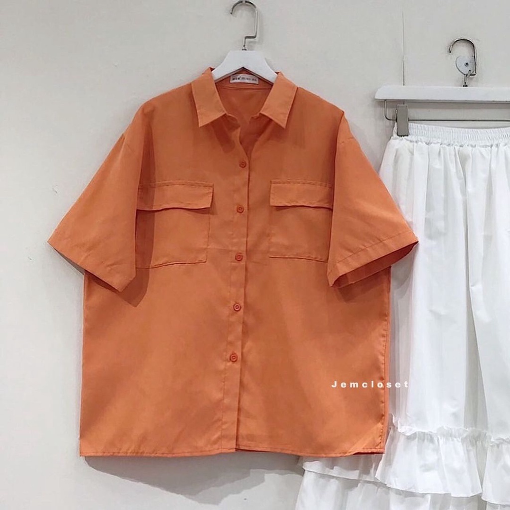 Áo Sơ Mi Ngắn Tay Nữ Cổ Bẻ JEM CLOSET Sơ Mi Form Rộng Freesize Thiết Kế Túi Hộp Trơn Basic 3 Màu Đen Trắng Cam IRU 1562