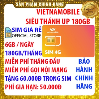 Sim 4G Vietnamobile 180Gb/Tháng Miễn phí tháng đầu gói Siêu thánh sim tặng 60.000đ, Gọi nội mạng miễn phí, Sim giá rẻ