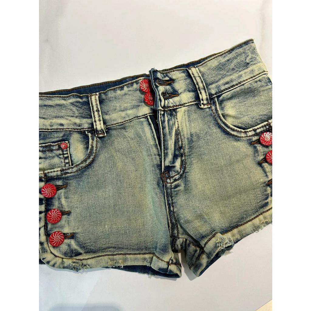 Fine Studio Quần Short Denim Lưng Thấp Giặt Được Thời Trang Mùa Hè Ngọt Ngào Cho Nữ
