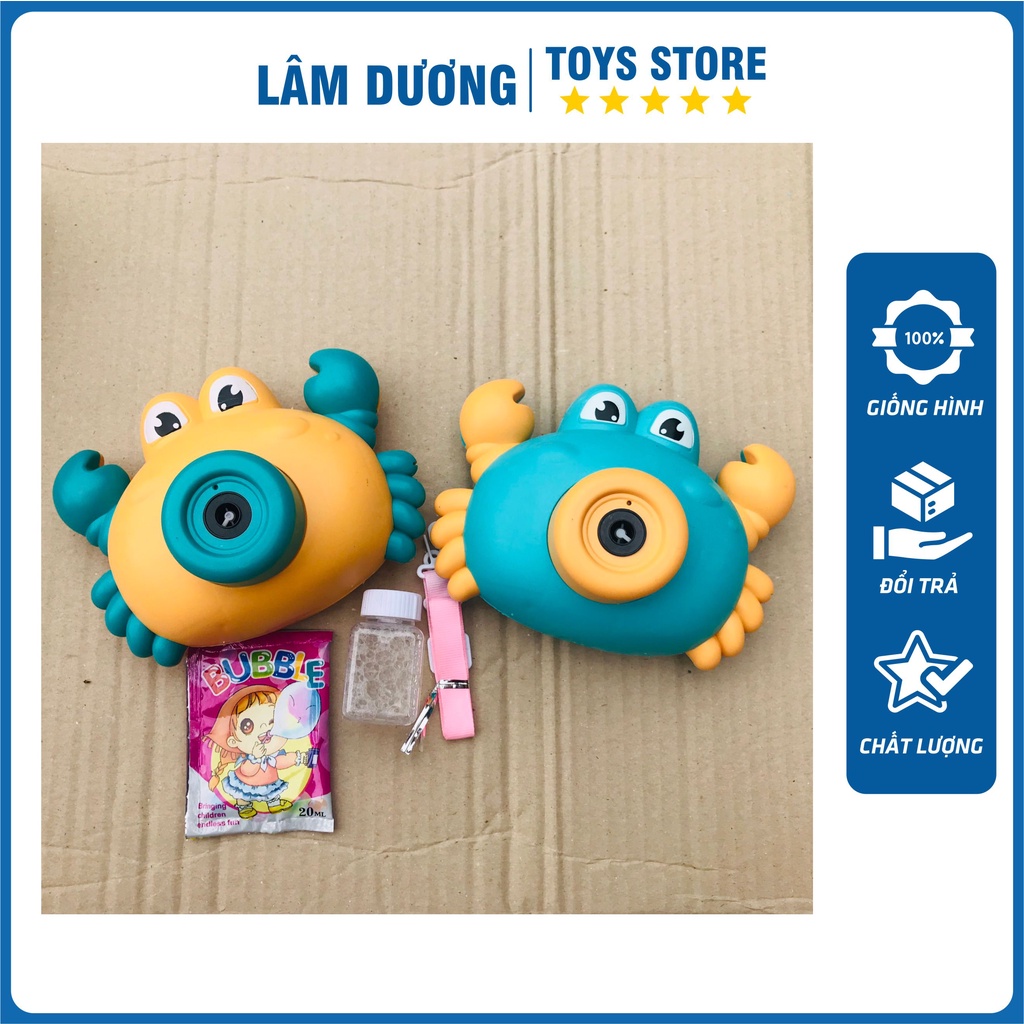 Máy ảnh thổi bong bóng tự động có đèn có nhạc hình con cua ngộ ngĩnh, có kèm xà phòng và dây đeo