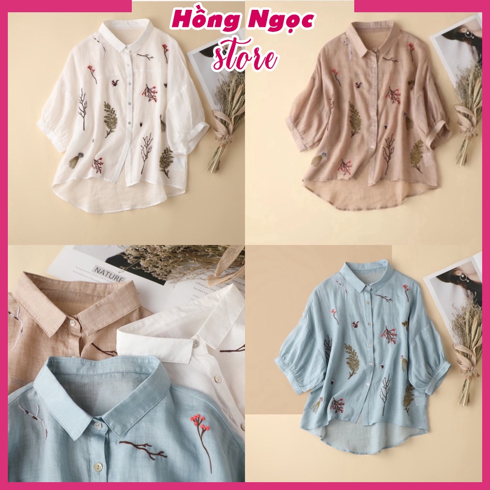 Áo sơ mi kiểu tay lỡ cổ đức, họa tiết thêu hoa tinh tế, chất liệu Đũi mềm mát co giãn nhẹ, form đẹp Hồng Ngọc SMH.55