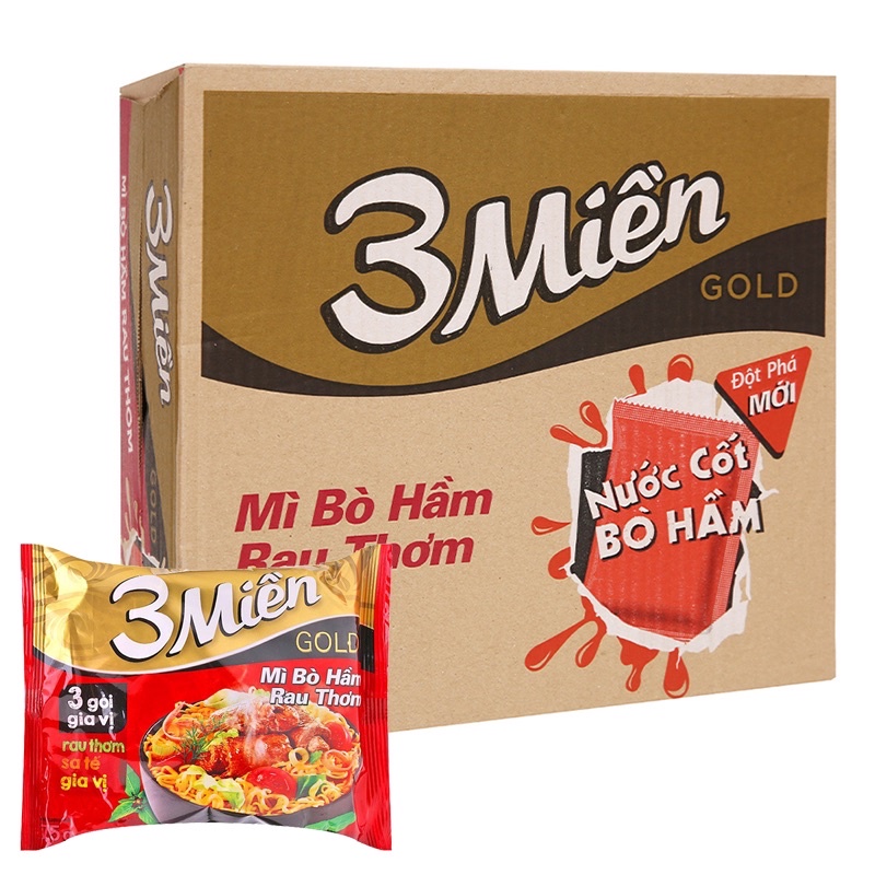 THÙNG 30 GÓI MÌ 3 MIỀN GOLD TÔM CHUA CAY/ BÒ HẦM RAU THƠM 75G/ MÌ BA MIỀN