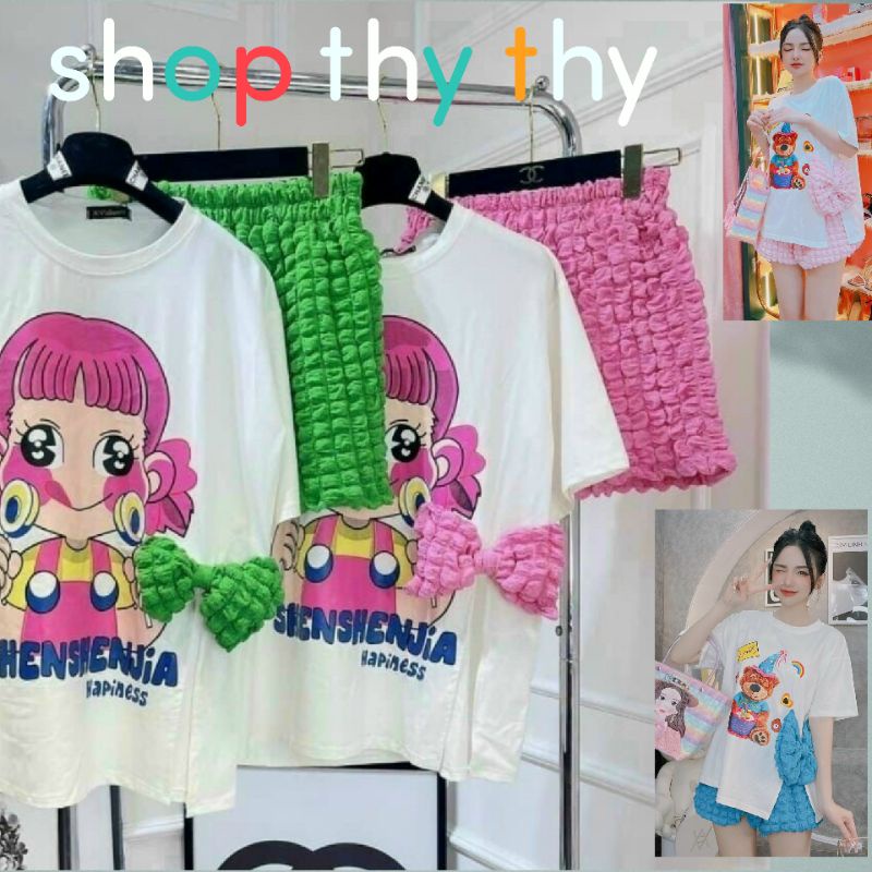 Bộ đùi xốp nữ mặc nhà,đi chơi_Set Áo thun nơ tay lỡ in hình gấu,em bé mix quần đùi ô xốp nổi 2 màu thời trang teen hè
