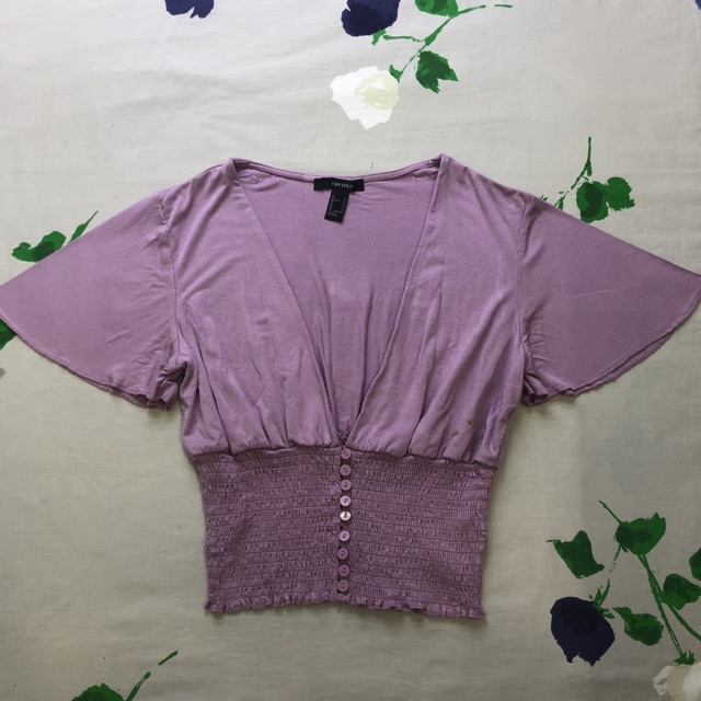 Áo Croptop F21 Nhún Eo Cổ Tim Sâu Gài Nút Tay Cánh Tiên Cotton Lụa Trắng / Đen / Tím