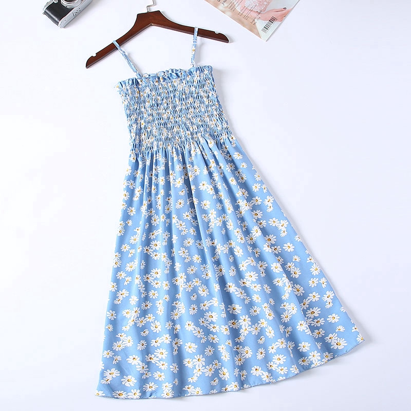 Korea Summer women strapless sexy pleated chiffon bohemian floral dress