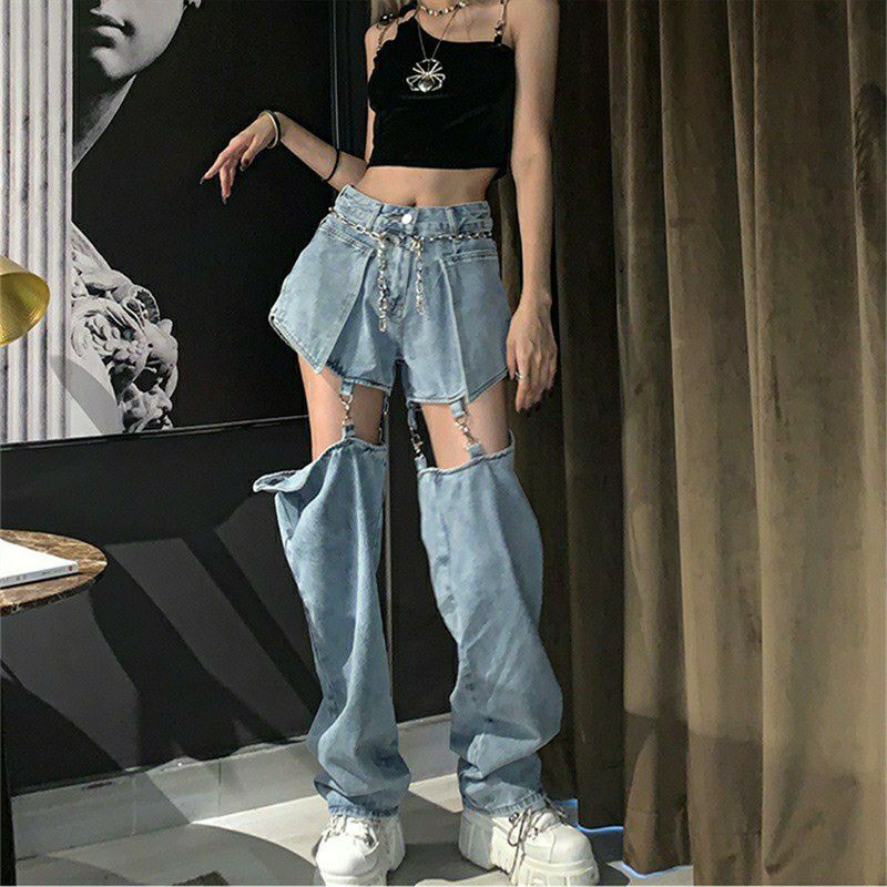 (Sẵn xanh, đen) QUẦN JEANS SUÔNG HỞ ĐÙI DÂY NỐI SEXY CÓ THỂ THÁO RỜI