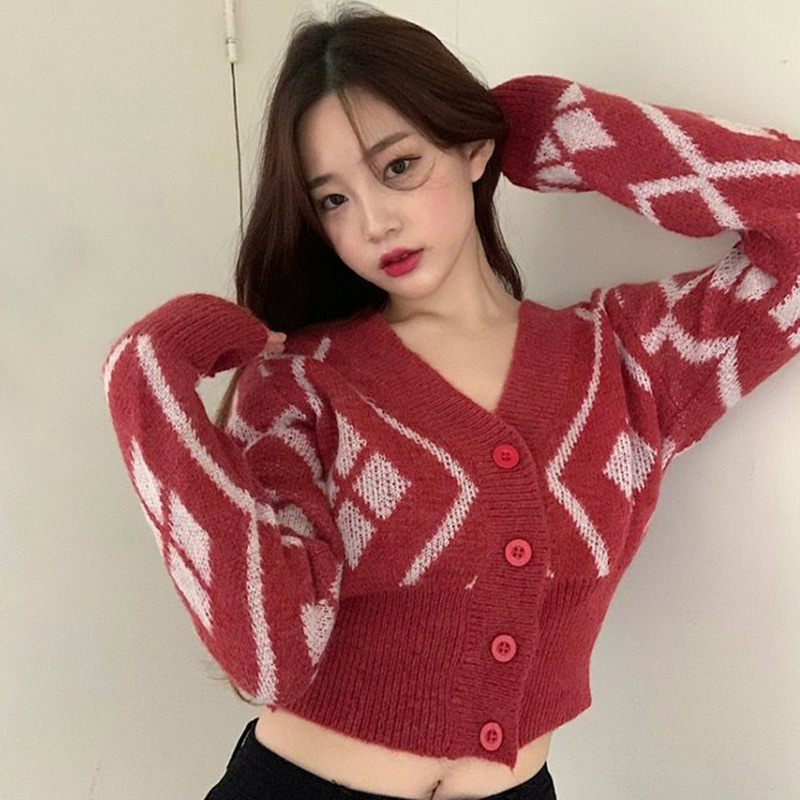 Áo Cardigan Dệt Kim Tay Dài Cổ Chữ V Ôm Eo Đính Đá Kiểu Retro Hàn Quốc Thời Trang Cho Nữ