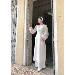 Áo dài trắng 2 tà phối tay