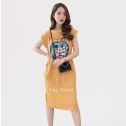 Đầm nữ ba lỗ dáng suông họa tiết chuột hot trend, chất cotton dày đẹp màu vàng freesize đến 60kg