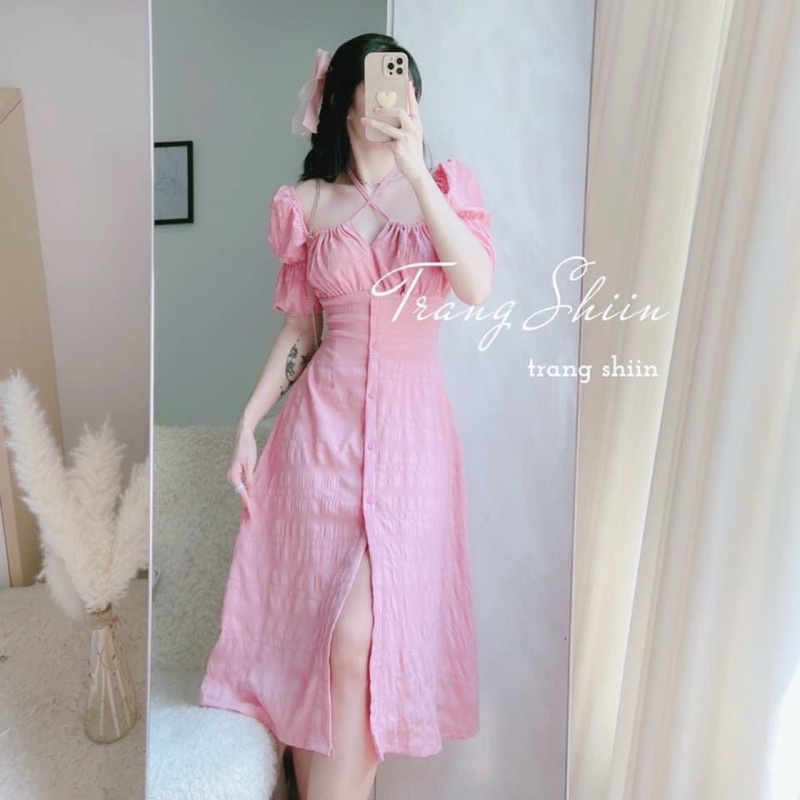 Váy thiết kế cổ vuông dúm ngực tay bồng xẻ tà 2 màu tiểu thư