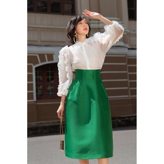Chân váy taffeta cạp corset dáng dài xanh -HBZ298