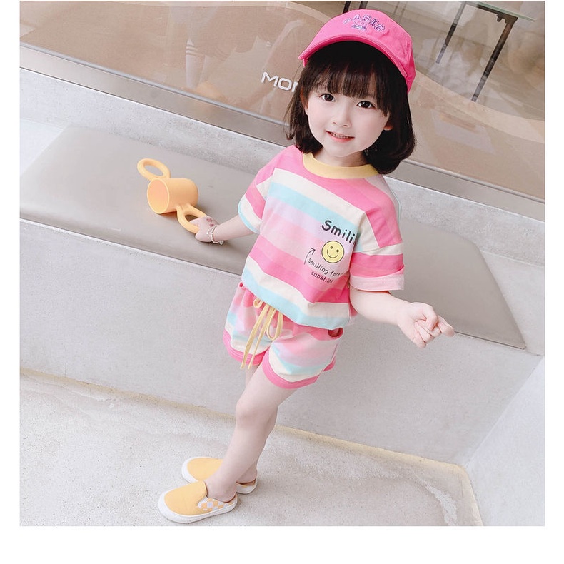Set Áo Thun Ngắn Tay + Quần Short Kẻ Sọc Thời Trang Hè Phong Cách Hàn Quốc Mới Cho Bé Gái