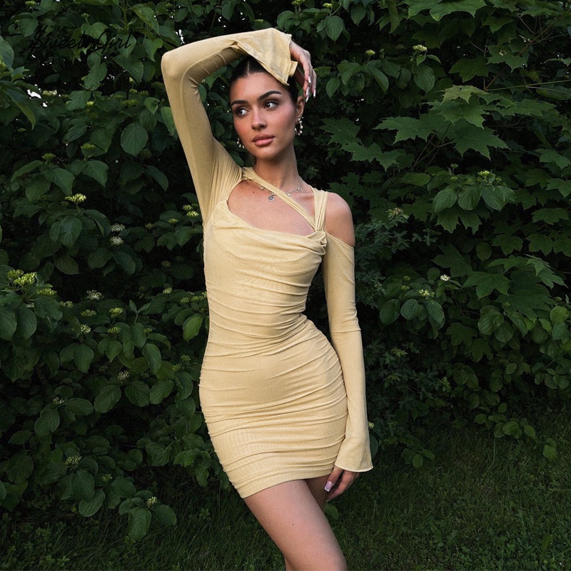 Đầm Mini Tay Dài Màu Trơn 2022 Thời Trang Quyến Rũ Cho Nữ