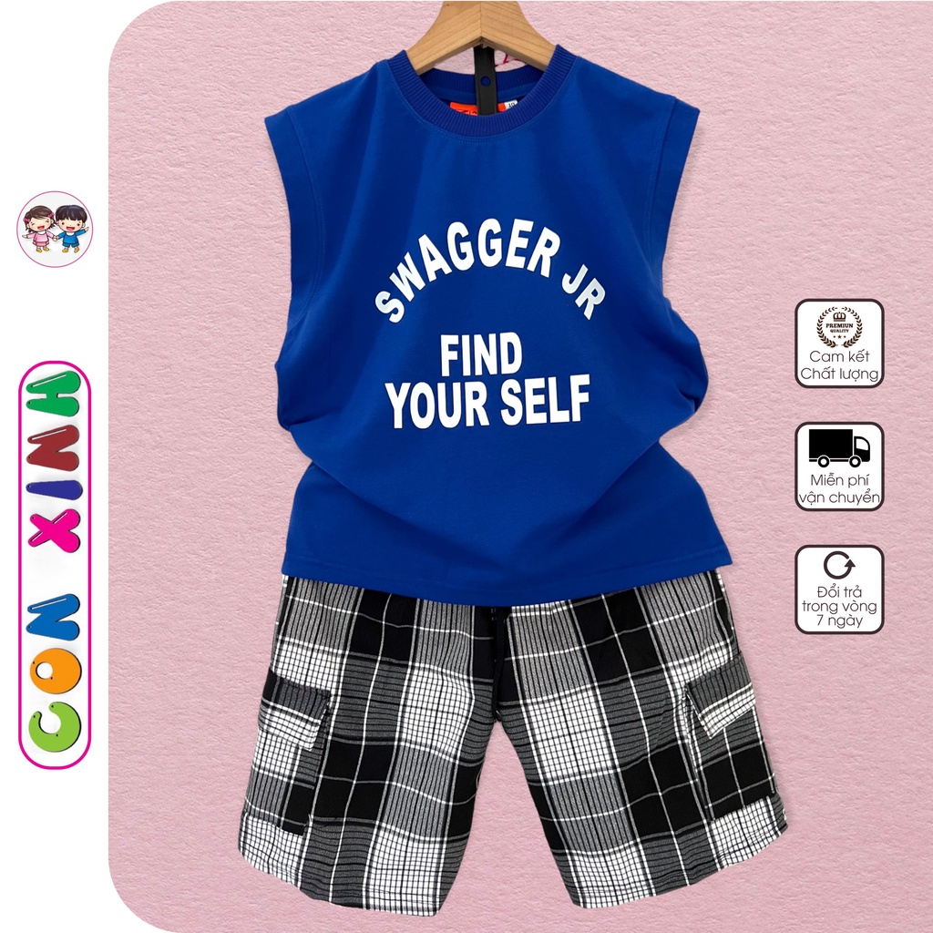 Đồ bộ bé trai CON XINH cotton sát nách phối quần caro SWAGGER, thời trang trẻ em từ 4 đến 10 tuổi