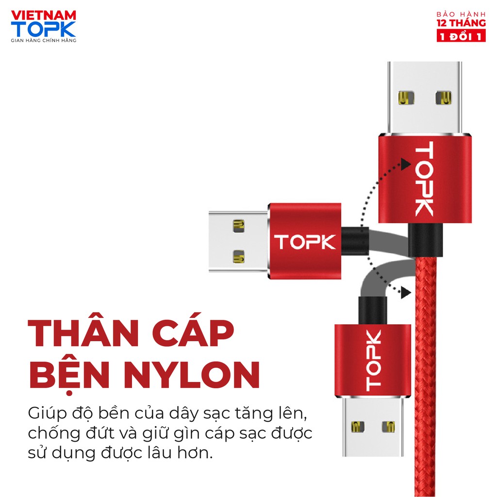 Dây sạc nam châm iPhone Type-C Micro USB TOPK AM23 - Vỏ bện nylon dài 1m - Đèn LED - Hàng chính hãng Bảo hành 12 tháng 1