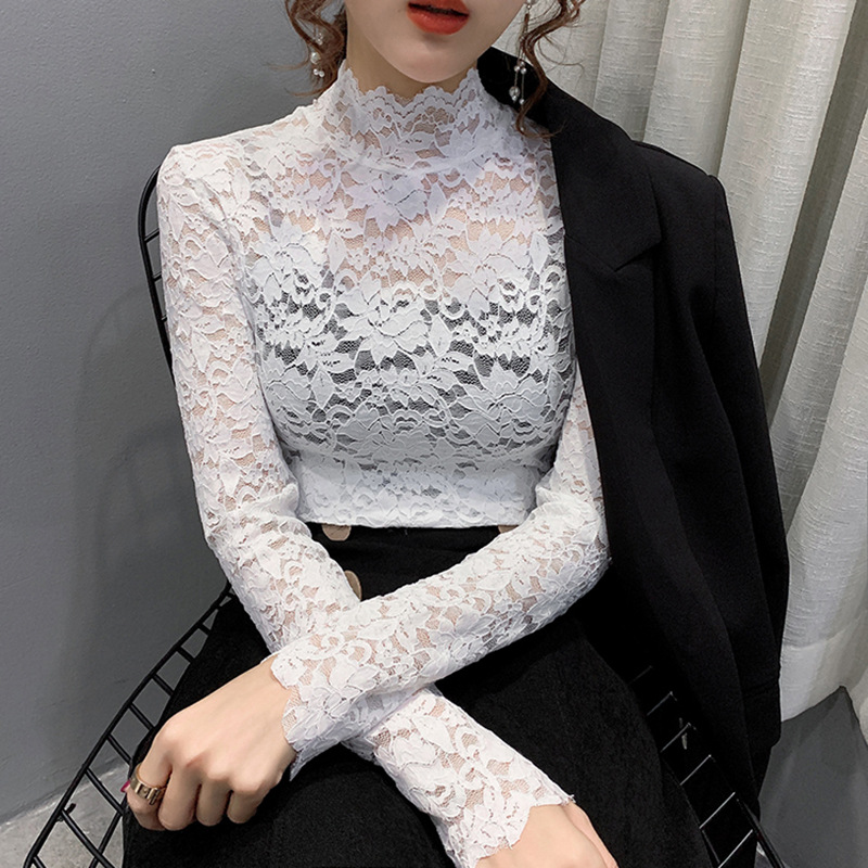 Autumn 2020 new half high neck slim fit long sleeve T-shirt women's autumn winter hollow lace bottoming top