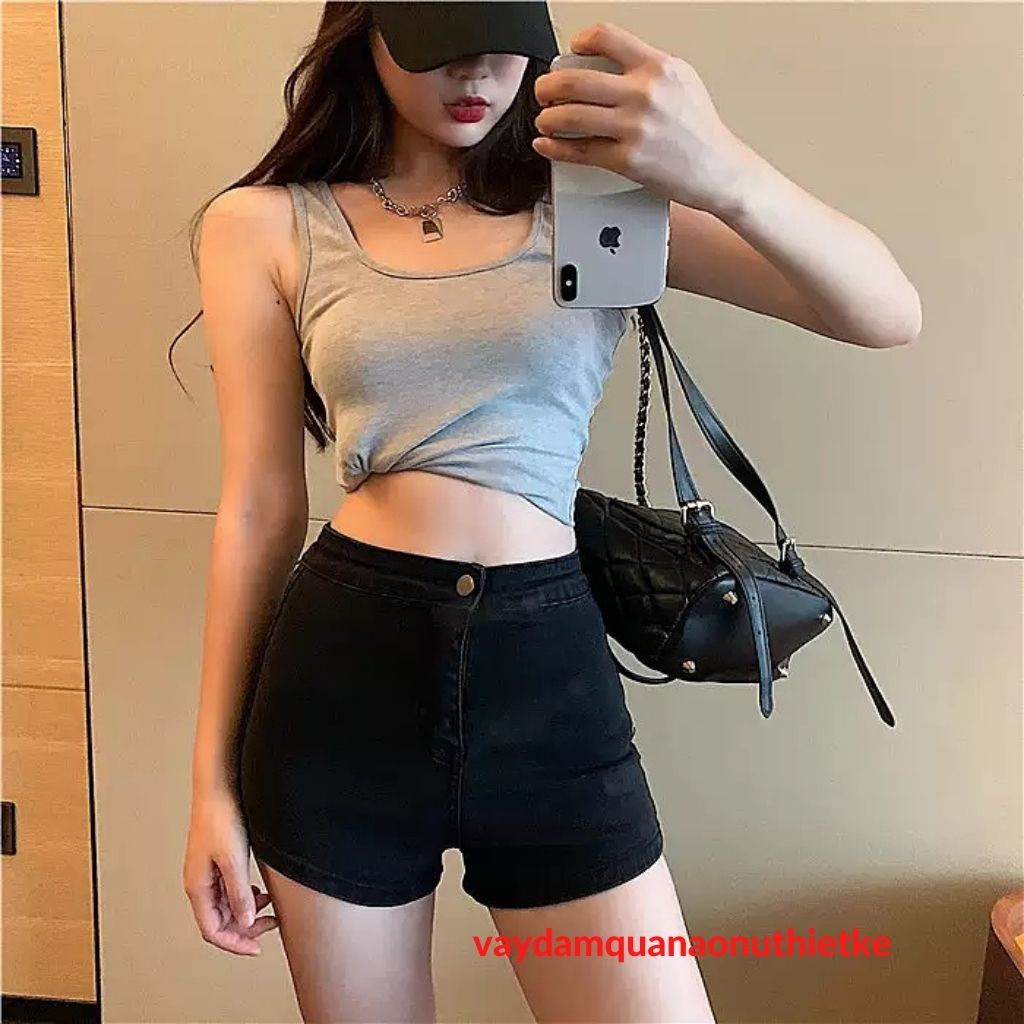 Quần Short Nữ Jean Giấy Cạp Cao Khóa Trước Layer.shop Co Giãn Tốt