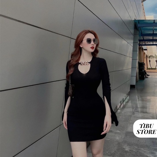 Váy Body Dài Cổ Tim Tay Loe TIBU Cao Cấp Đầm Body Ôm Sát Phối Xích Vải Thun Gân Mềm Mịn Thoáng Mát Siêu Xinh
