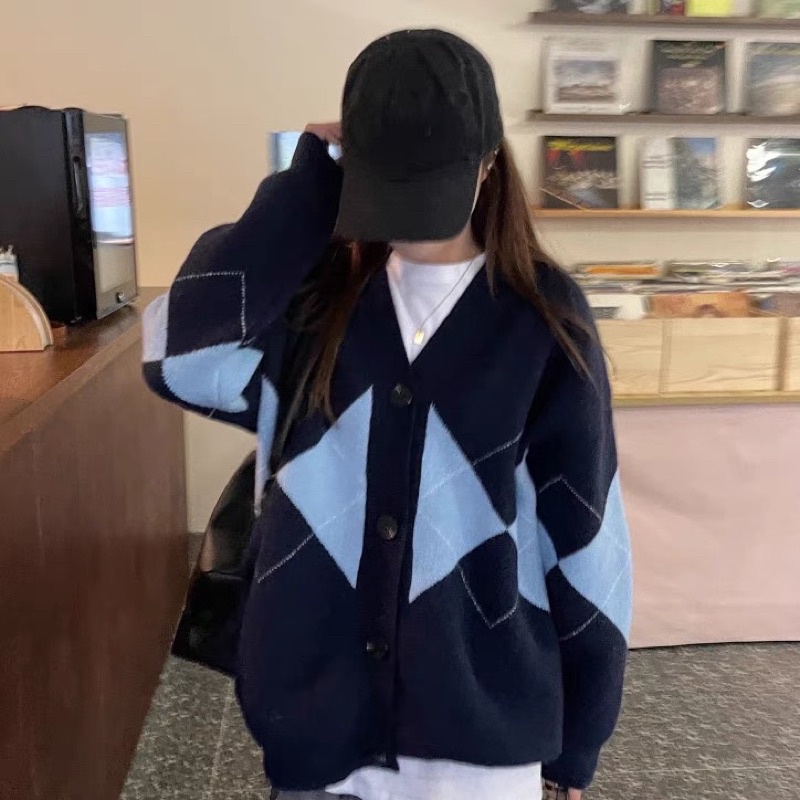 Áo khoác len Cardigan dệt kim hoạ tiết kẻ ô