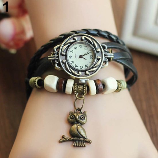 MACmk Women Retro Braided Faux Leather Bracelet Owl Decor Beaded Quartz Wrist Watch