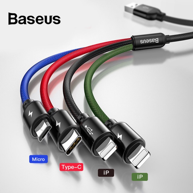 Dây sạc 4 đầu baseus - cáp sạc nhanh 3 in 1 iphone micro usb type c baseus