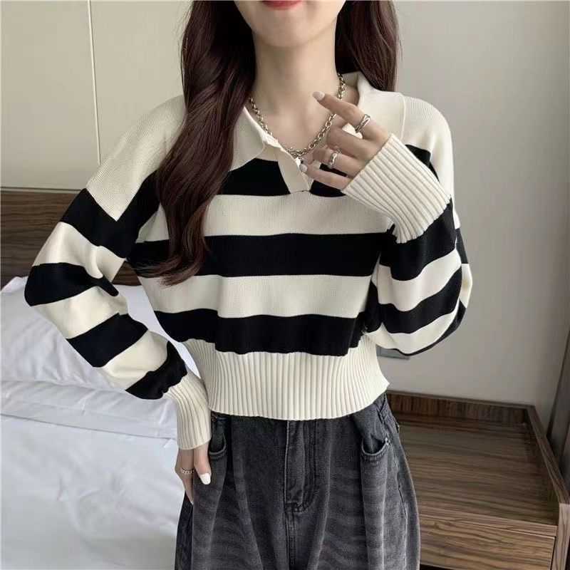 Áo Sweater Dệt Kim Tay Dài Cổ Polo Kẻ Sọc Xinh Xắn Cho Nữ